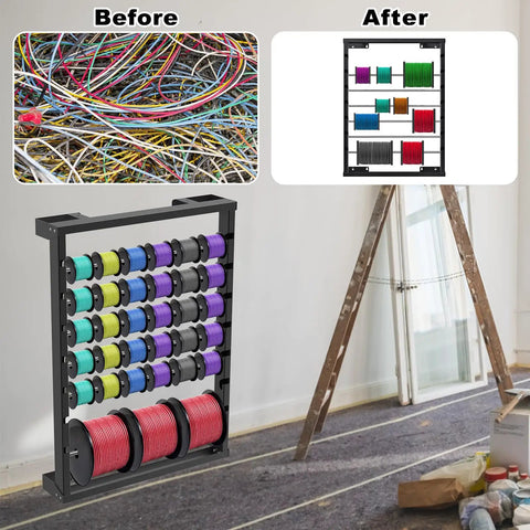 Heavy Duty Wall Mount Wire Spool Rack Featuring Six Adjustable Rods And Rust Resistant Steel For Garage Cord Organization That Handles Daily Grind Like A Champ, organized wire spools.
