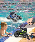 Child playing with Three In One RC Monster Truck Boat With Water Gun Four Wheel Drive Remote Control Car in poolside water battle
