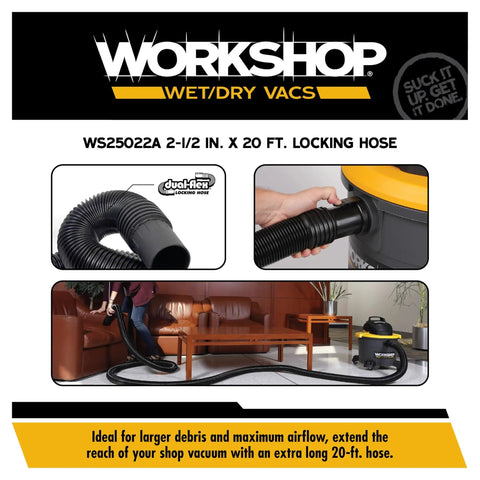 Extra Long Locking Hose Attachment For Wet Dry Shop Vacuum Cleaners With Heavy Duty Build And Two And A Half Inch By Twenty Foot Reach And Universal Adapters connected to vacuum