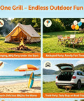 Image displaying diverse outdoor settings: camping with a tent, a backyard with chairs, a beach with surfboard, and a car trunk picnic.