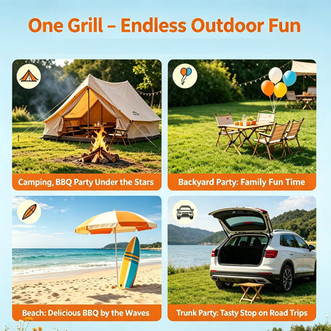 Image displaying diverse outdoor settings: camping with a tent, a backyard with chairs, a beach with surfboard, and a car trunk picnic.