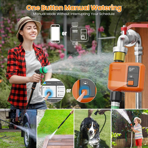 WiFi Water Timer For Garden Hose Smart Sprinkler Controller with app and remote control, used in watering different garden areas