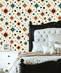 Retro Starburst Peel And Stick Wallpaper Roll With Heavy Duty Self Adhesive Backing For Instant Accent Wall Makeovers in a bedroom.