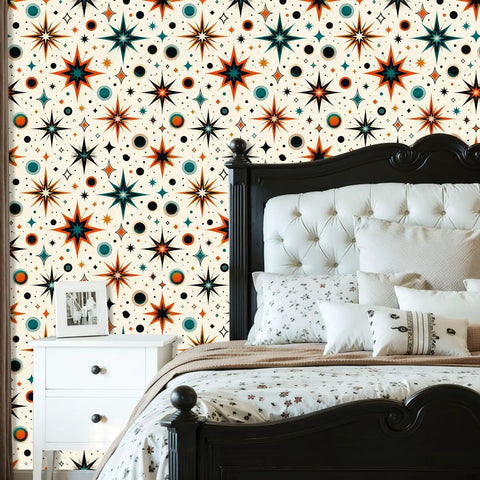 Retro Starburst Peel And Stick Wallpaper Roll With Heavy Duty Self Adhesive Backing For Instant Accent Wall Makeovers in a bedroom.