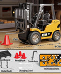 Mini RC Forklift Toy With Remote Control 2.4GHz 2 In 1 Lift Fork And Hook Truck With Lights And Sounds, accessories displayed