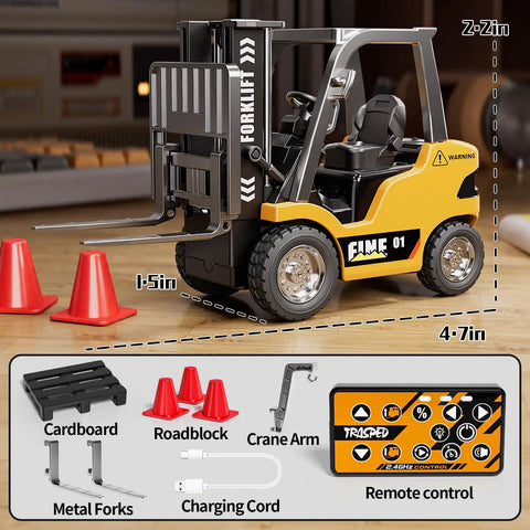 Mini RC Forklift Toy With Remote Control 2.4GHz 2 In 1 Lift Fork And Hook Truck With Lights And Sounds, accessories displayed