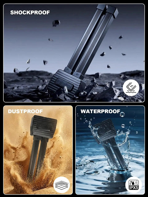 Portable Gym Lighting For Posing And Outdoor Use Your Go To Magnetic Rechargeable Work Light With 180 Degree Rotation Foldable Camping Lamp With Hang Hook Handy Handheld LED Flashlight For Camping And Hiking, shown in shockproof, dustproof, and waterproof conditions.