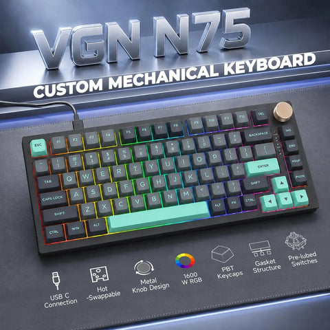 Top Shelf 75 Percent Wired Mechanical Gaming Keyboard With Rgb Backlit Keys And Slick Metal Media Dial For A Clean Desk Setup And Lightning Fast Response For Gamers On A Budget, showing RGB keys and metal dial.