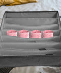 Multi Compartment Foldable Linen Drawer Organizer Box For Bras And Socks Keeps Your Closet Stash Secure With Heavy Duty Fabric Storage with pink lace trim.