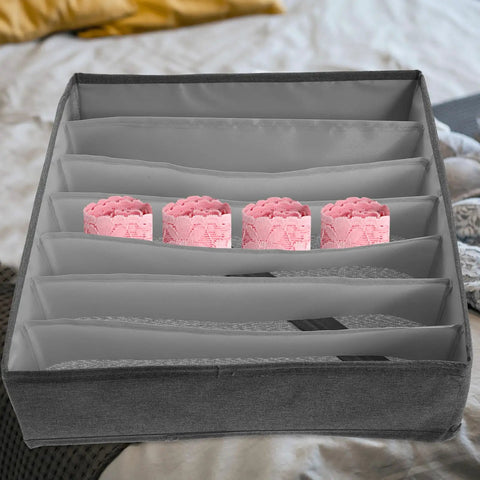 Multi Compartment Foldable Linen Drawer Organizer Box For Bras And Socks Keeps Your Closet Stash Secure With Heavy Duty Fabric Storage with pink lace trim.