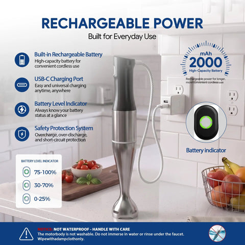 Handheld Cordless Immersion Blender With Smart Speed Settings And Whisper Quiet Motor For Easy Soup And Smoothie Blending Hassle Free Kitchen Essential Rechargeable Design, shown with USB-C charging port and battery indicator.