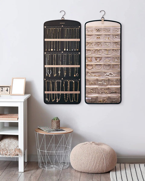Anti-Tangle Hanging Jewelry Organizer With 32 Clear Pockets And 20 PVC Anti-Tarnish Bags on wall with jewelry stored