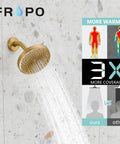Premium Heavy Duty Brushed Gold Shower Tub Faucet Set With Complete Valve And Six Inch Rain Shower Head showing water flow.