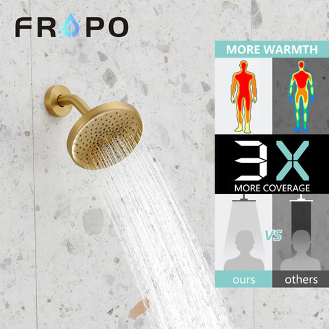 Premium Heavy Duty Brushed Gold Shower Tub Faucet Set With Complete Valve And Six Inch Rain Shower Head showing water flow.