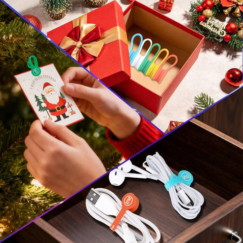 5 Pack Silicone Cable Cord Organizers Magnetic Clips Twist Ties Cord Wraps For Charging Cables Headphones USB Cables Appliance Cords Fridge Whiteboard Keychains And More Keep Cables Neat And Tangle Free arranged in gift box, on tree, and organizing cables.