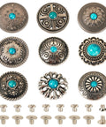Rugged Western Zinc Alloy Conchos With Eighteen Faux Turquoise Screw Back Rivets And Tough Leathercraft Studs For Custom Boots Bags And Wraps Truly Badass Diy Hardware Kit arranged in a grid with screws.