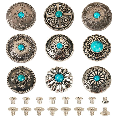 Rugged Western Zinc Alloy Conchos With Eighteen Faux Turquoise Screw Back Rivets And Tough Leathercraft Studs For Custom Boots Bags And Wraps Truly Badass Diy Hardware Kit arranged in a grid with screws.