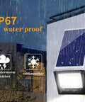 JUDYSSY Solar Flood Light60W100W200W, waterproof design showcased in rain, highlighting solar panel and LED light for outdoor use.