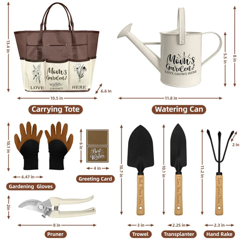 Mother's Day Garden Kit Gift Set For Mom From Daughter With Durable Tool Tote, Watering Can, Hand Rake, Trowel, Gloves