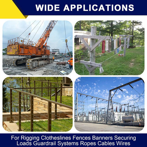 Collage showing applications of 100 Pcs M3 Wire Rope Clip Clamps One Eighth Inch Galvanized U Bolt Saddle Fasteners for securing.