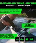 Close-up of Beefy Heavy Duty Lashing Straps 1 Inch By 12 Foot Cam Buckle Tie Downs securing cargo, 1320Lb break strength.