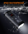 Beast Mode 2000 Lumens Bike Light submerged, displaying IPX8 waterproof feature with LED display visible underwater