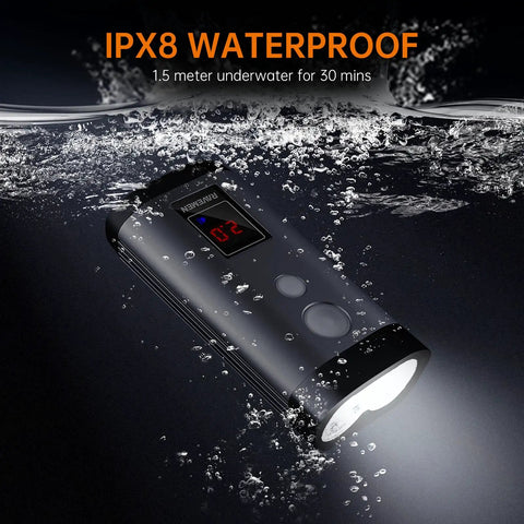 Beast Mode 2000 Lumens Bike Light submerged, displaying IPX8 waterproof feature with LED display visible underwater