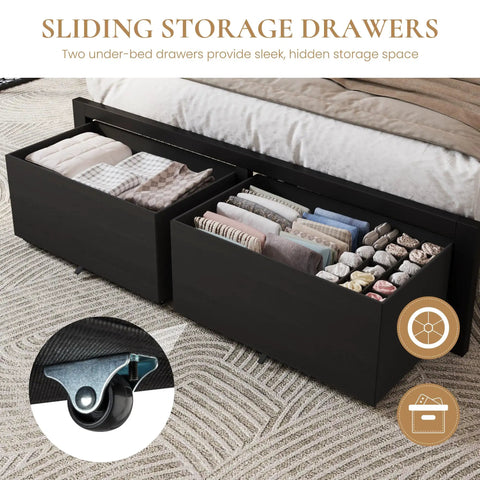 Black Queen Bed Frame Featuring Integrated Led Lights And Convenient Charging Station With Two Smooth Gliding Storage Drawers showing neatly organized linens.