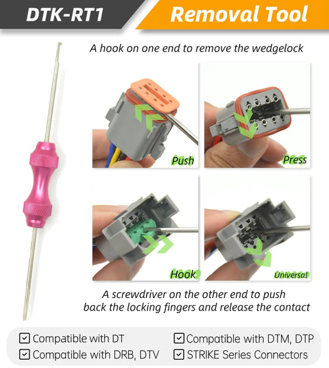 Pro Grade DT Connector Kit With Crimper And Terminal Removal Tools For IP68 Waterproof demonstration with removal tool and connectors