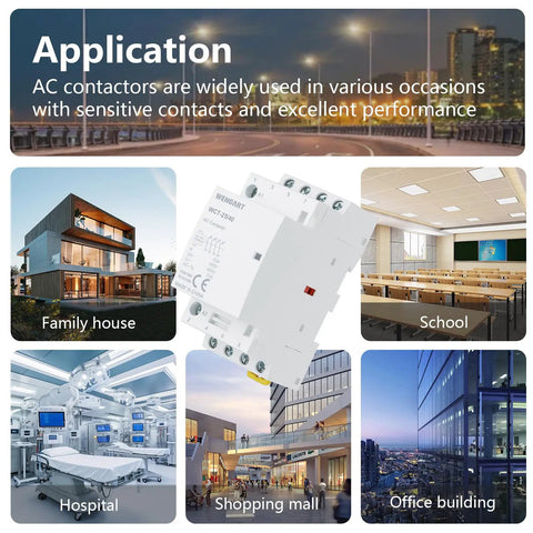 Rugged 25A AC Contactor Featuring Four Normally Open Terminals And Din Rail Mounting A Smooth Operator For Darn Easy Smart Home Mods EV Charger Installations HVACs And Multi Circuit Lighting Controls 120V Coil White shown in various applications like family house, school, office.