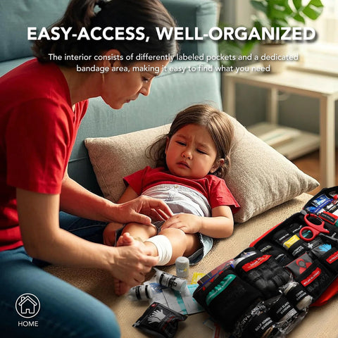 First aid kit, red, 430-piece with organized pockets and waterproof case