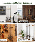 Vertical Wooden Fishing Rod Holder Set 2 Pack in garage, boathouse, basement, workshop settings showcasing fishing gear storage