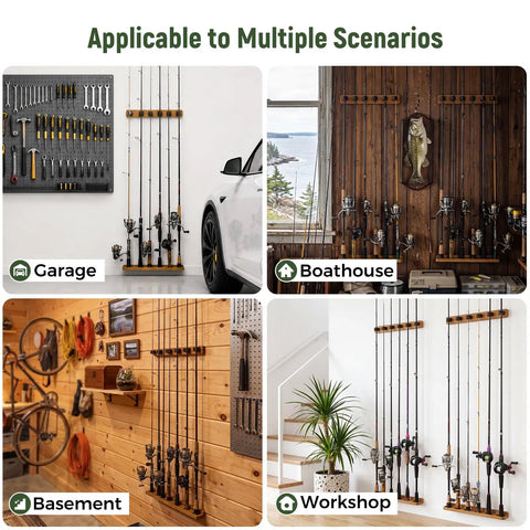 Vertical Wooden Fishing Rod Holder Set 2 Pack in garage, boathouse, basement, workshop settings showcasing fishing gear storage