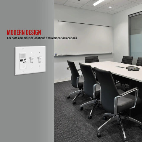 Three-Gang Combination Wall Plate With Double Toggle And Single Decorator Rocker Switch Cutouts, white, installed in office.