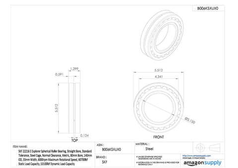 Heavy Duty 22216 Spherical Roller Bearing With 80mm Bore And 140mm Outer Diameter dimensions and steel material illustration.