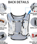Back view of Lightweight Hydration Backpack For Running And Hiking With 1.5L Water Reservoir showing pockets and safety whistle.