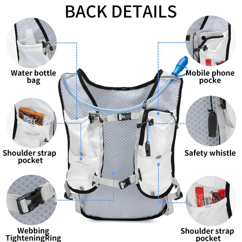 Back view of Lightweight Hydration Backpack For Running And Hiking With 1.5L Water Reservoir showing pockets and safety whistle.