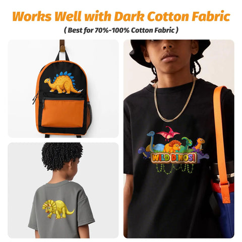 Dark Cotton Inkjet Heat Transfer Paper For T Shirts 10 Sheets 8.5x11 Inches Printable Iron On Transfers For Dark Fabric featuring kids' dinosaur designs on clothing and backpack.