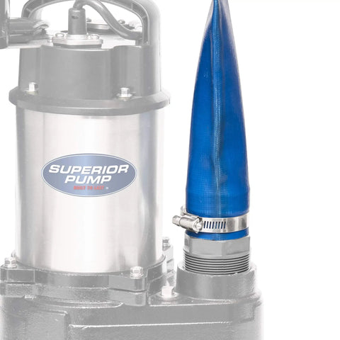Lay Flat Discharge Hose Kit 2 Inch by 25 Foot for Sump Pumps attached to a pump, visible quick connect and clamp.