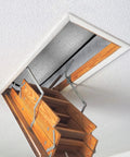 Attic Stairs Insulation Cover Tent For Pull Down Stairs Premium Energy Saving installed on wooden ladder with radiant barrier visible