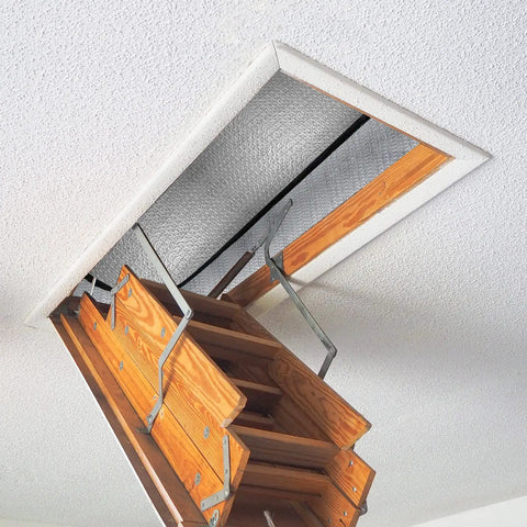 Attic Stairs Insulation Cover Tent For Pull Down Stairs Premium Energy Saving installed on wooden ladder with radiant barrier visible