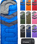 All Season Sleeping Bag For Adults And Kids, Lightweight And Cozy Waterproof Gear For Backpacking Camping And Hiking, Temperature Rated 50F To 77F, Fits 6ft Adults, Single Or Double Comfort, Must Have Outdoor Sleep Gear displayed in multiple colors including blue.