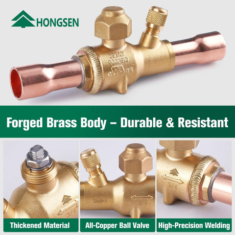 HongSen brass refrigeration ball valve, 3/8 ODF, copper tube solder ends, front view