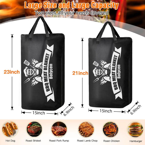 Two sizes of Insulated Meat Resting Blanket For BBQ And Smoking, showing 15x21x7 inch option, black with BBQ logo.