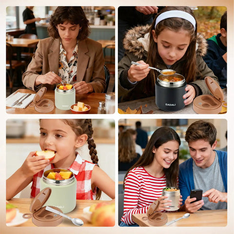 Kids 15.2oz Vacuum Insulated Food Jar With 316 Stainless Interior shown at a table with family enjoying meals outdoors