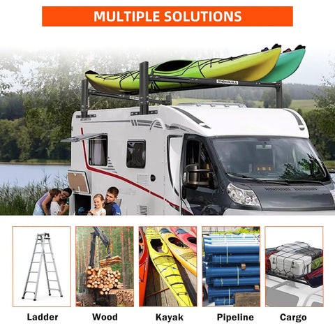 Beefy Aluminum Trailer Roof Ladder Rack Extends From 6 Feet To 8.2 Feet With 800 Lb Capacity, Adjustable Height 21.4 To 33 Inches, Includes Two Straps For Universal Enclosed Or Open Trailers, Heavy Duty Gear For Any Truck Bed. Kayaks on RV roof rack