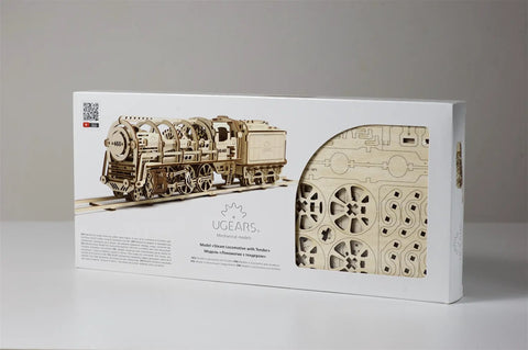Handcrafted Locomotive With Tender Mechanical 3D Puzzle, Wooden Construction Set For Adults, Realistic Steam Train Build Kit, Perfect Gift For Christmas And Thanksgiving, Great For Craft Lovers. boxed wooden train puzzle kit