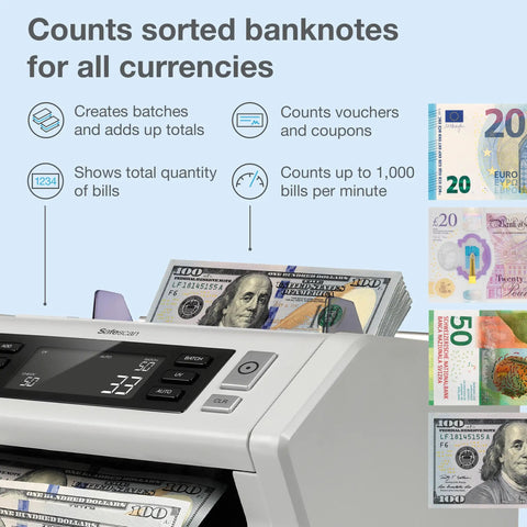 Ultra Fast Money Counter with 2 Point Counterfeit Check multicurrency support and LCD display in use