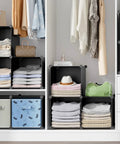 Smooth Setup Stackable Cube Storage Organizer Built For Quick Closet Upgrades And Smart Home Organization Perfect For Shoes Fabric Bins Books And Decor Keeping Your Place Tidy And Totally Fresh, featuring six black cubes filled with neatly folded garments and storage bins.