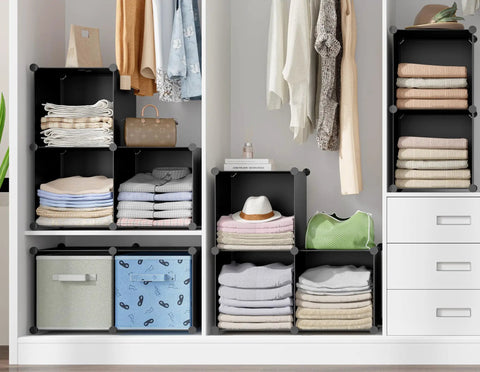 Smooth Setup Stackable Cube Storage Organizer Built For Quick Closet Upgrades And Smart Home Organization Perfect For Shoes Fabric Bins Books And Decor Keeping Your Place Tidy And Totally Fresh, featuring six black cubes filled with neatly folded garments and storage bins.